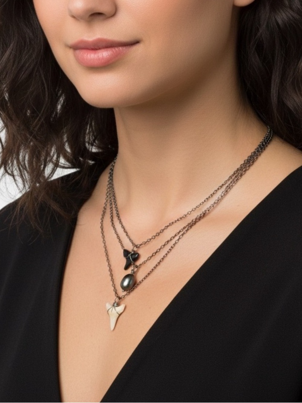 Handmade Shark Tooth Black Pearl Layered Necklace Boho Coastal Jewelry